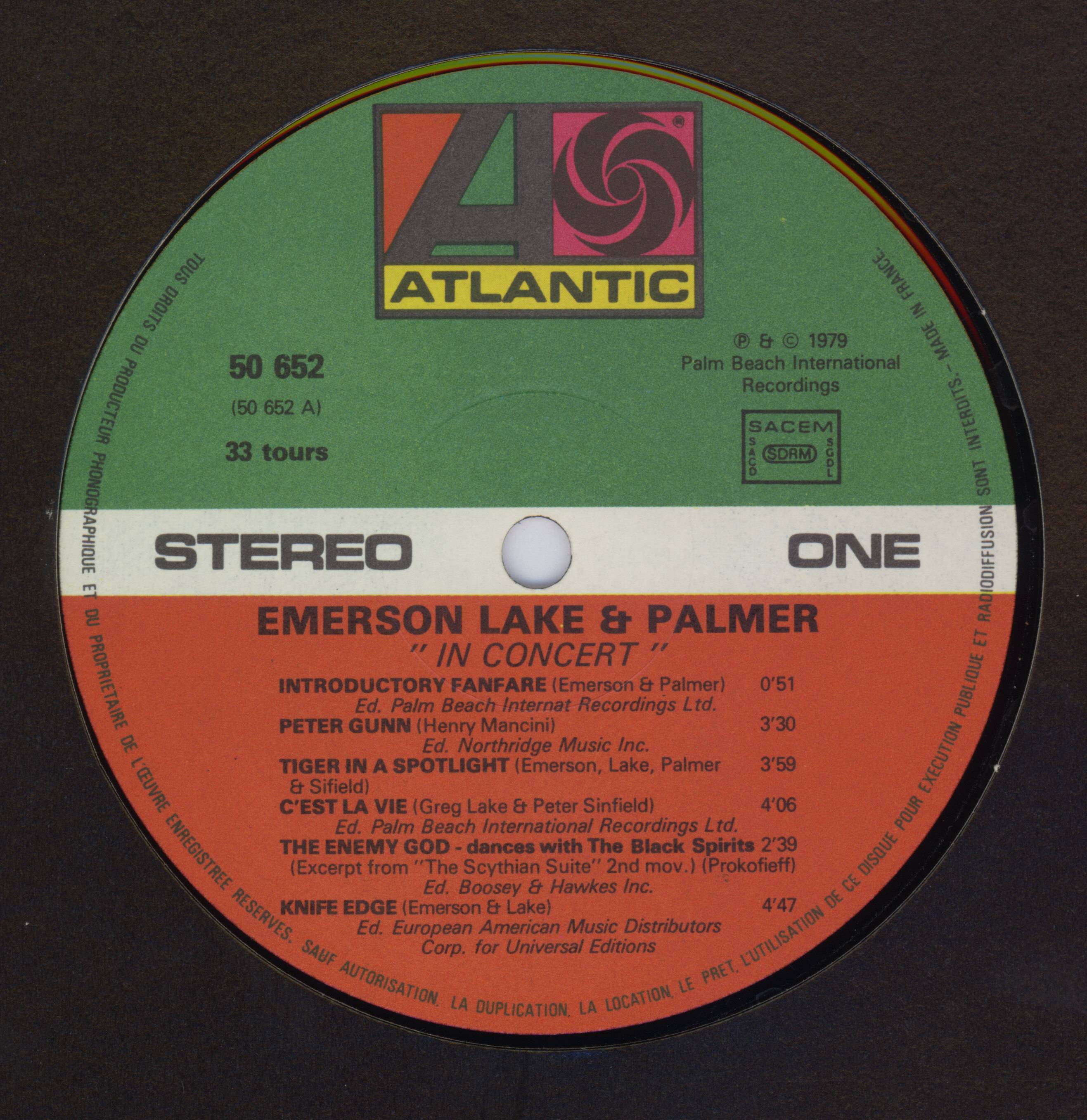 Emerson, Lake and Palmer In Concert : LP Label A